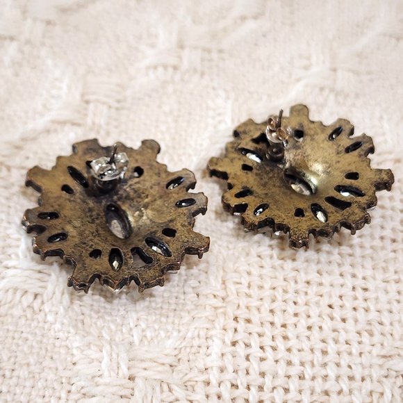 Vintage Large Marquis and Round Rhinestone Statement Stud Pierced Earrings - Picture 7 of 9